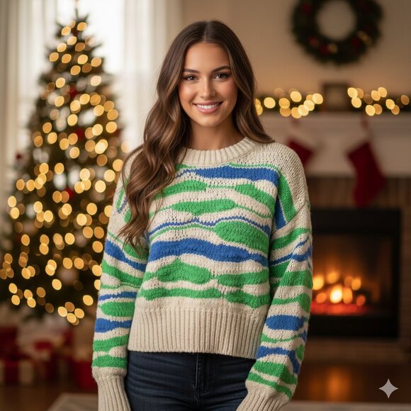 ⬇️ Aerie Green and Blue Wave Pattern Sweater - Picture 1 of 5